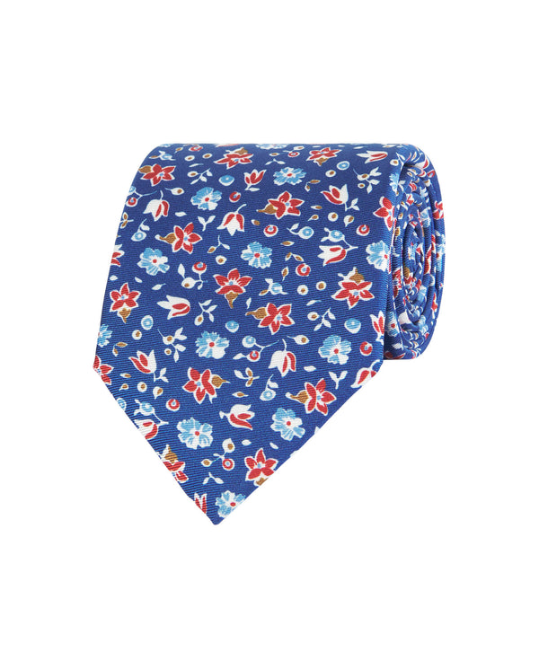 Navy blue floral print twill tie