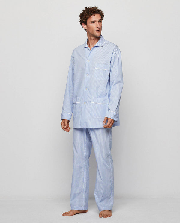 Blue striped cotton poplin pajamas
