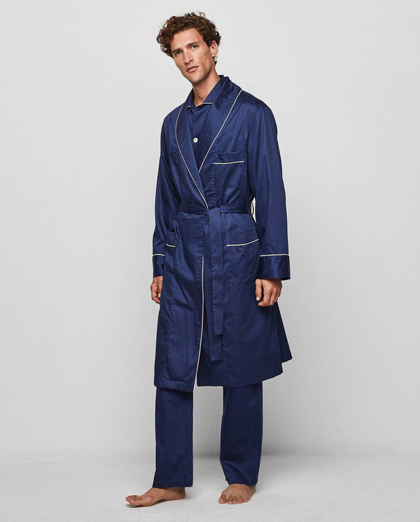 Navy piped cotton robe