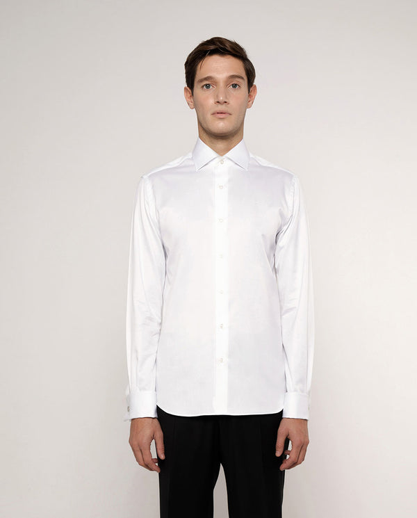 Spread collar white textured-cotton dress shirt