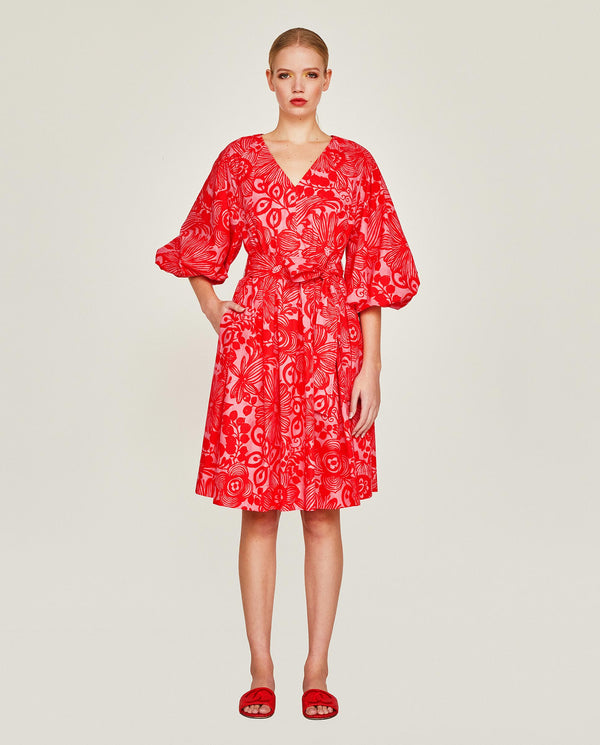 Red & pink floral print dress by MIRTO