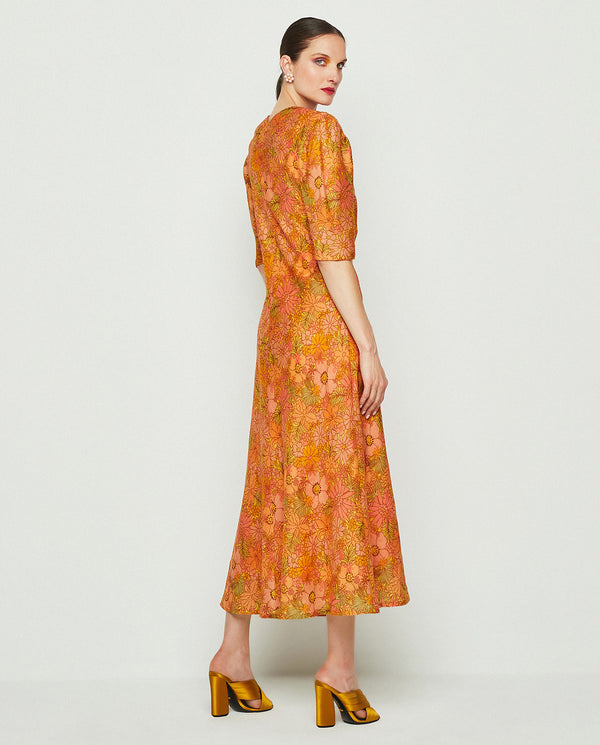 Yellow & orange floral print dress by MIRTO