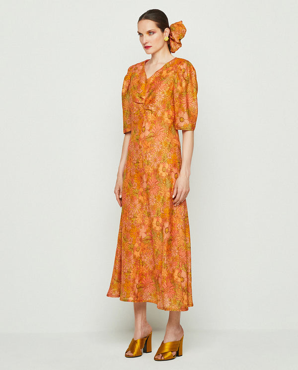 Yellow & orange floral print dress by MIRTO