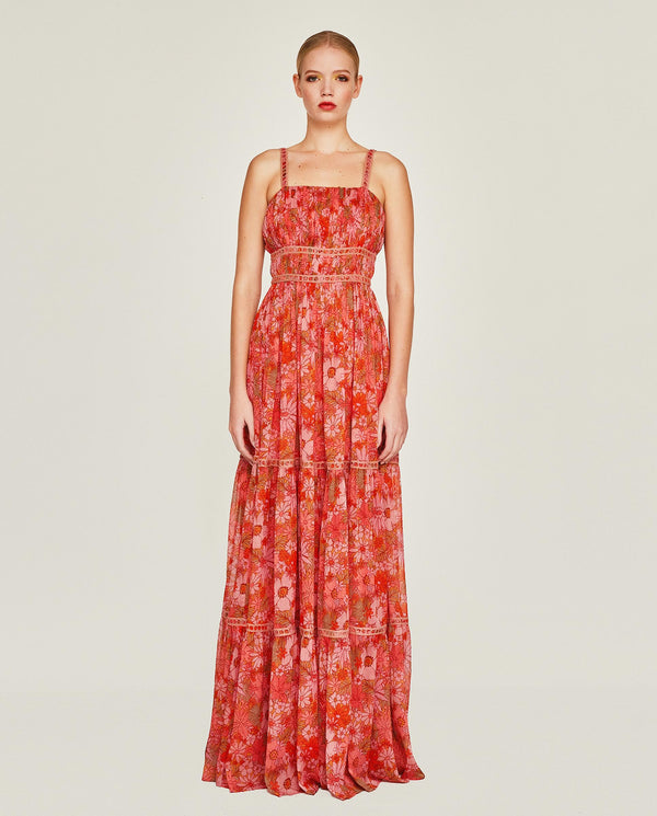Red & pink floral print dress by MIRTO