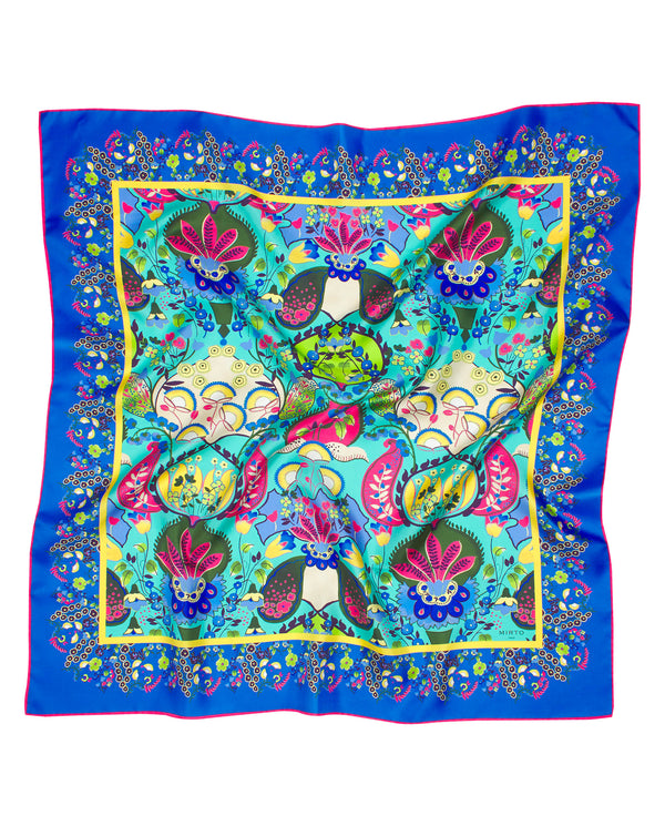 Silk, turquoise ornamental print scarf by MIRTO