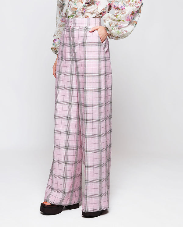 Pink plaid cotton & linen trousers by MIRTO