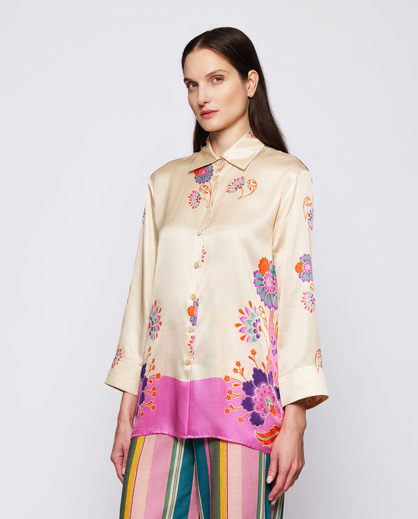Pink silk blend floral print blouse by MIRTO