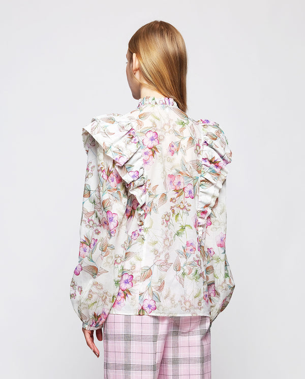 Pink cotton voile floral print blouse by MIRTO