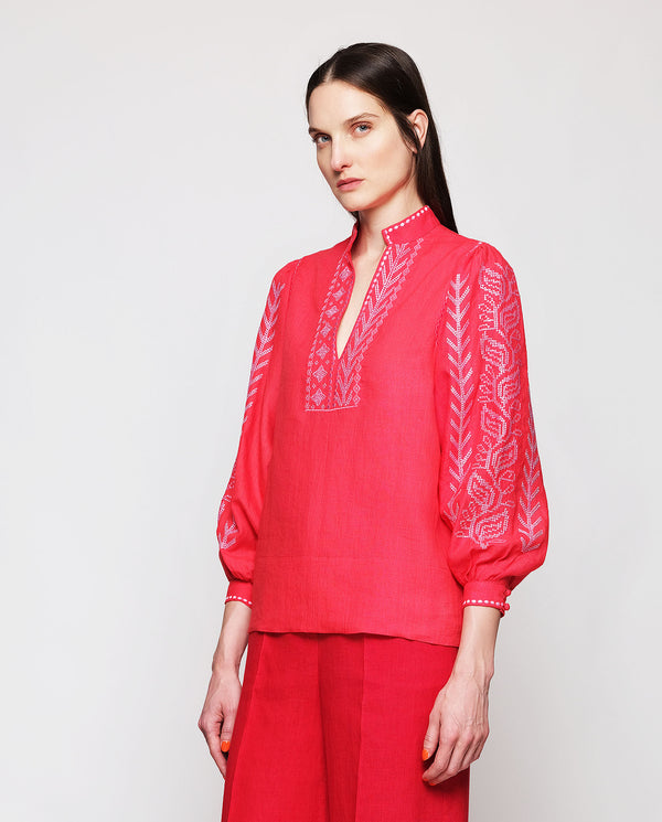 Red linen embroidered top by MIRTO