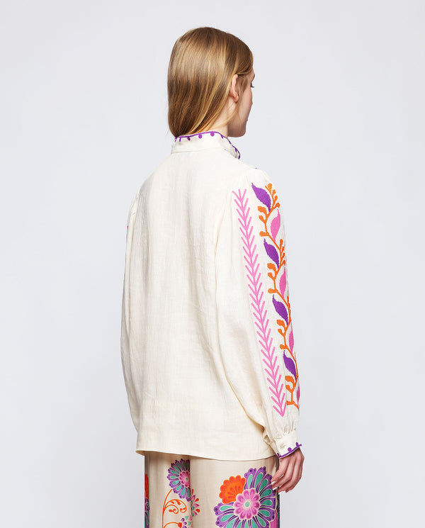 Ecru toned linen embroidered top by MIRTO