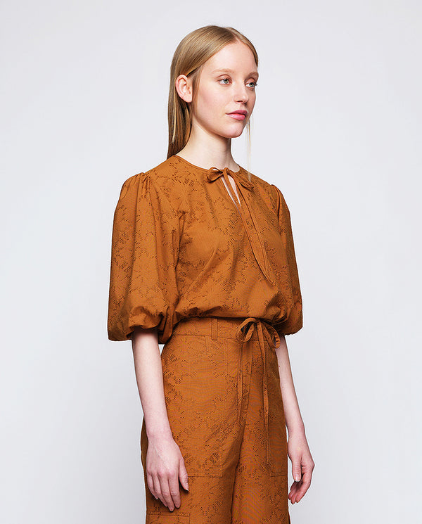 Ginger brown cotton blend jacquard top by MIRTO