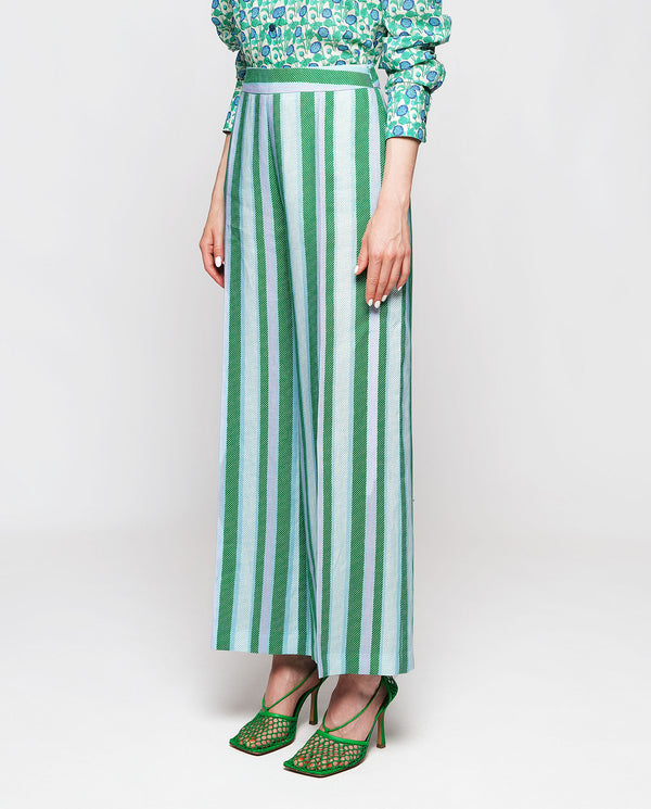 Blue & green  linen striped trousers by MIRTO