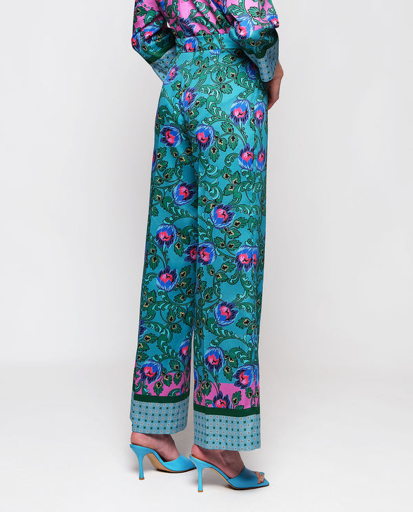 Turquoise & pink cotton print trousers by MIRTO