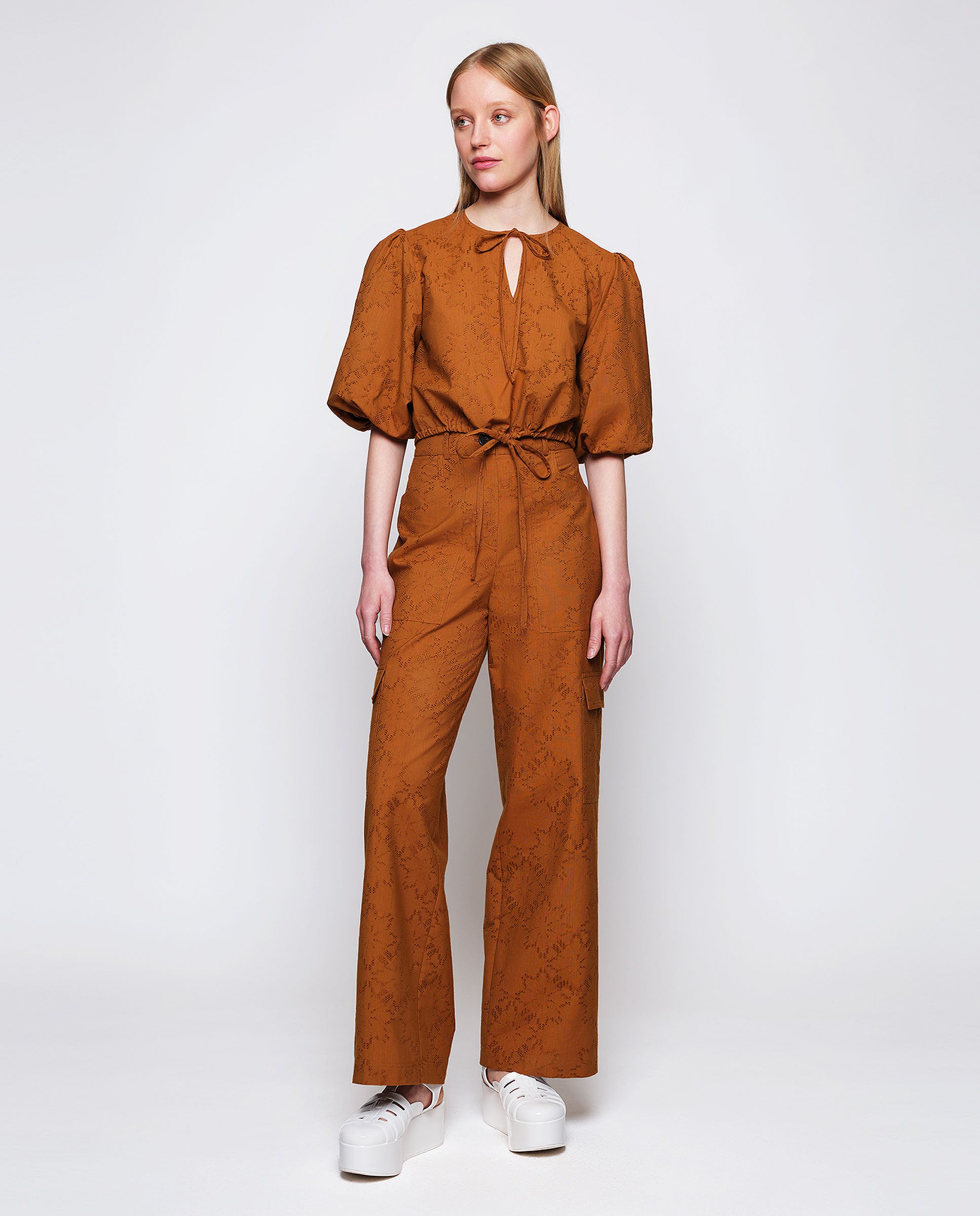 Ginger brown cotton blend cargo trousers by MIRTO