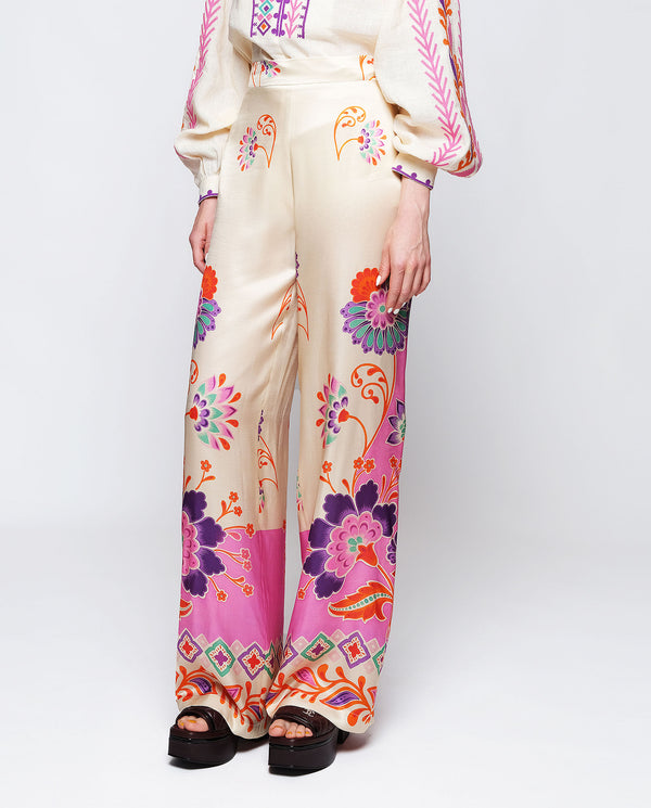 Pink silk blend floral print trousers by MIRTO