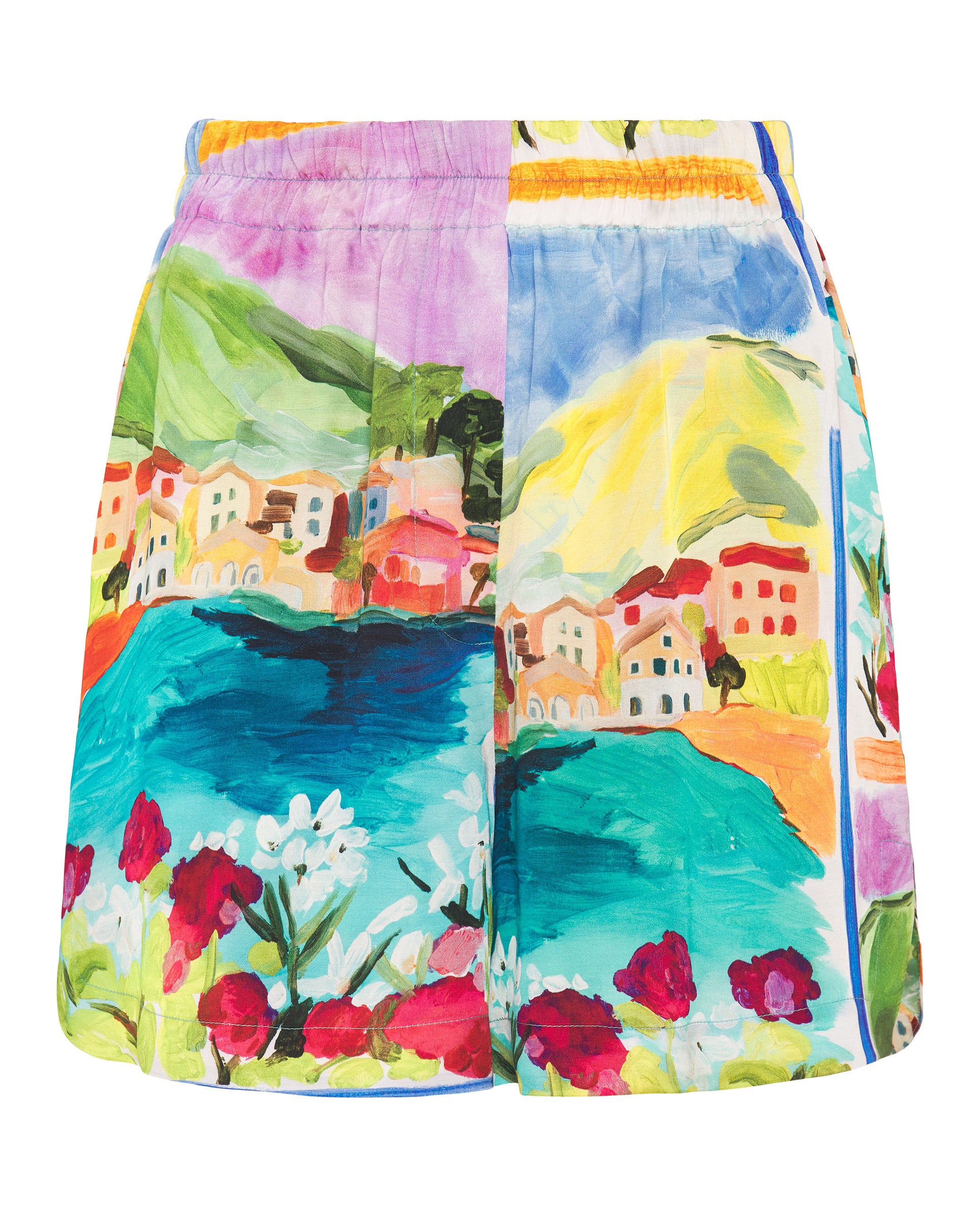 Multicolor pictorical print fluid shorts by MIRTO
