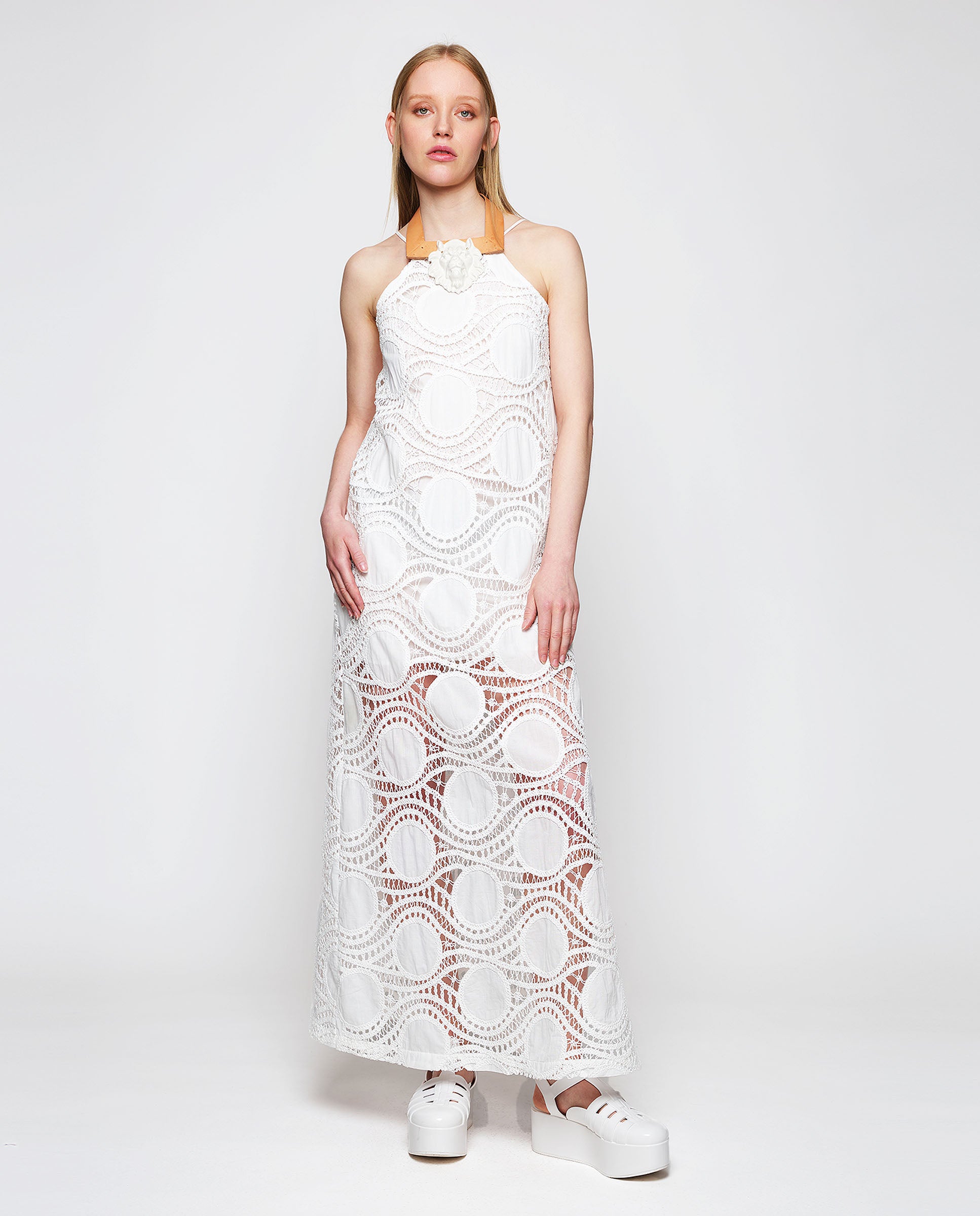 White cotton crochet long dress by MIRTO
