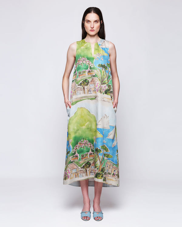 Green cotton pictorical print dress by MIRTO