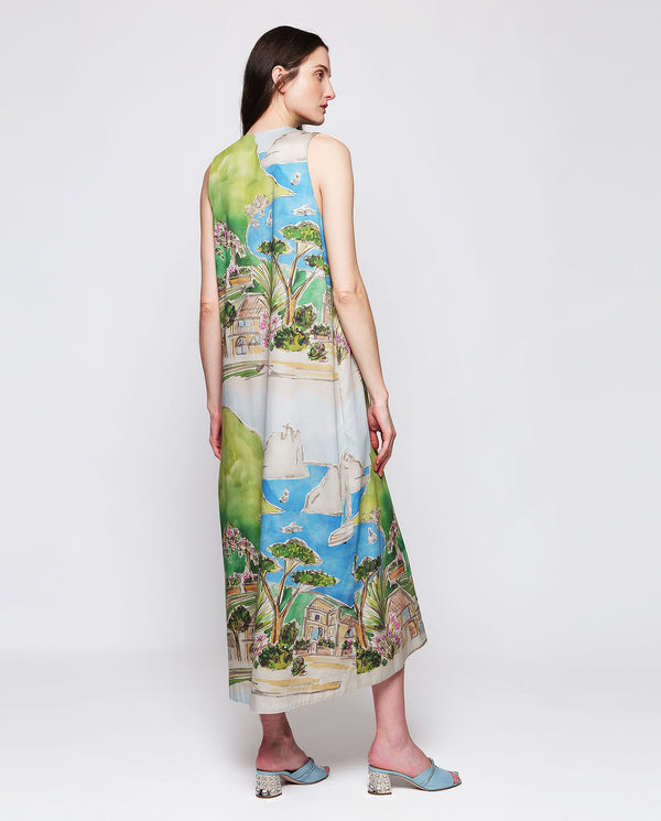Green cotton pictorical print dress by MIRTO