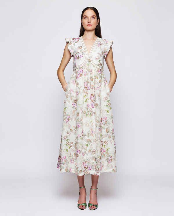 Pink floral print linen dress by MIRTO