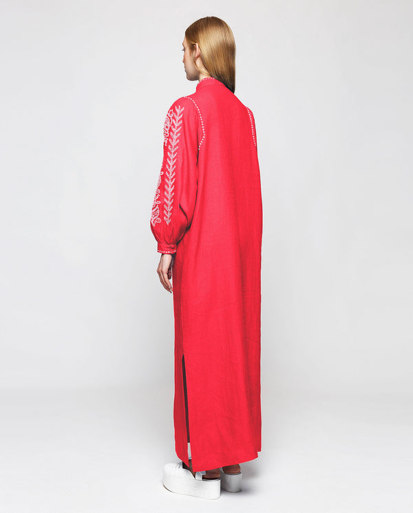 Red embroidered linen kaftan by MIRTO