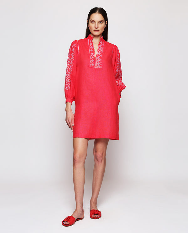 Red short linen embroidered dress by MIRTO