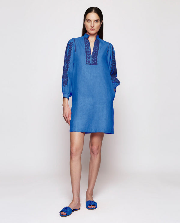 Blue short linen embroidered dress by MIRTO