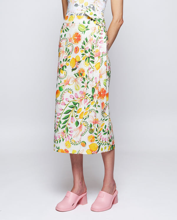 White & fruit print cotton wrap skirt by MIRTO