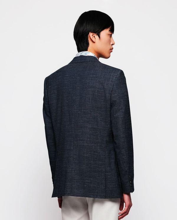 Dark blue cotton & linen stretch blend jacket by M