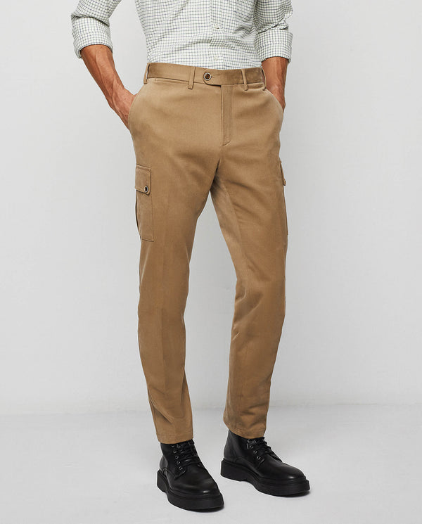 Beige stretch-cotton cargo pocket trousers