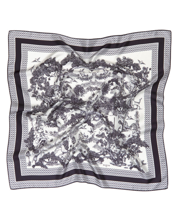 Black toil de jouy print silk scarf by MIRTO