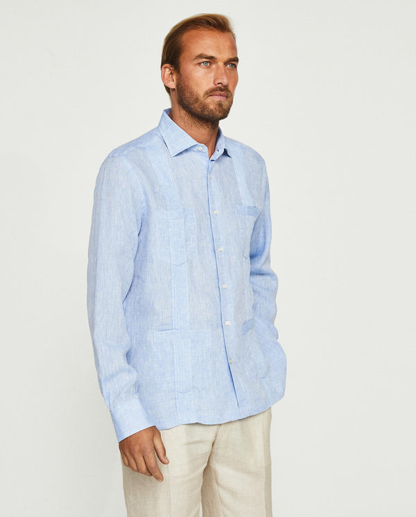 Blue Guayabera linen shirt with four pockets