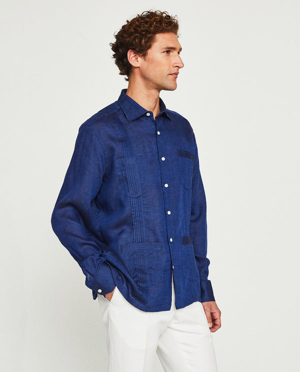 Dark blue Guayabera linen shirt with four pockets