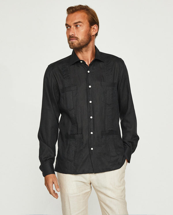 Black Guayabera linen shirt with four pockets