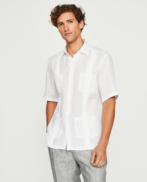 White guayabera linen short sleeve shirt with four pockets
