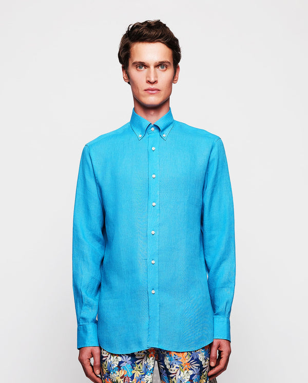 Royal blue linen casual shirt by MIRTO
