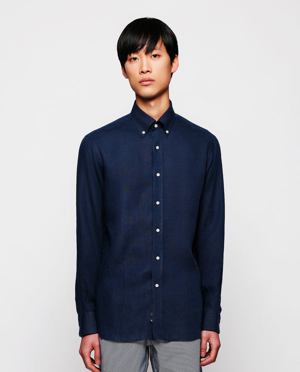 Navy blue linen casual shirt by MIRTO