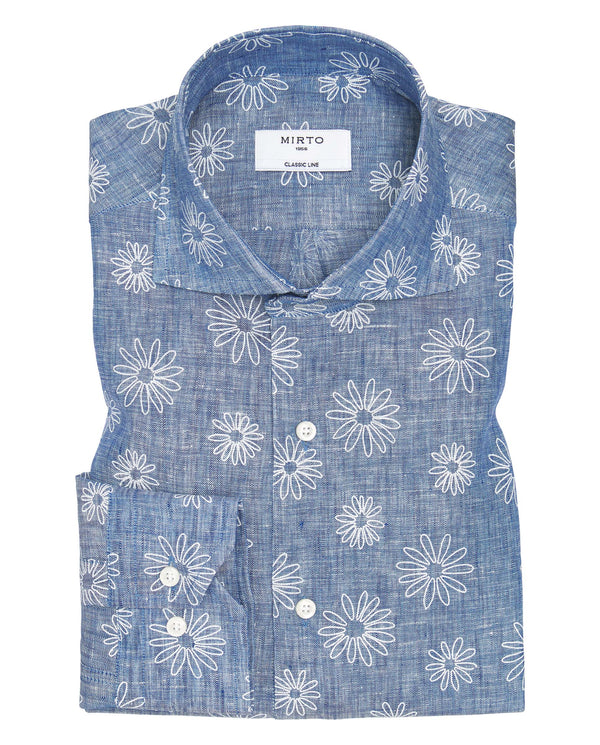 Blue linen flower print casual shirt by MIRTO