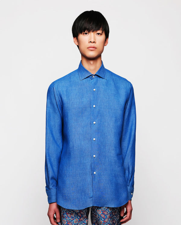 Royal blue linen casual shirt by MIRTO