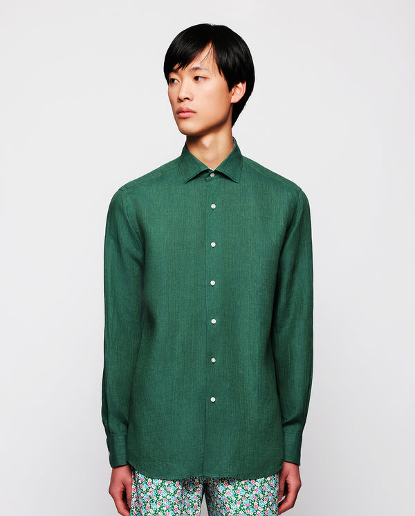 Green linen casual shirt by MIRTO