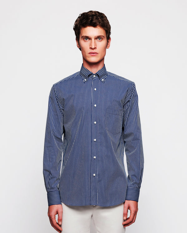 Navy blue & white striped casual shirt by MIRTO