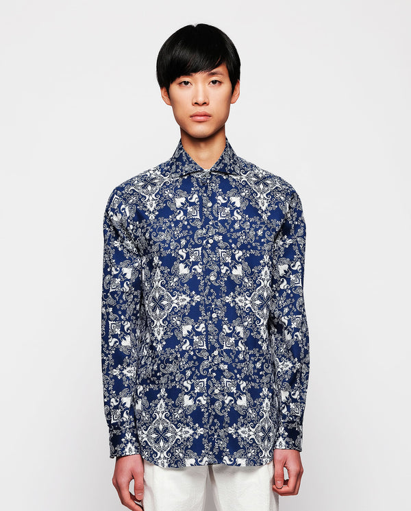 Navy blue & white Cotton print casual shirt by MIR