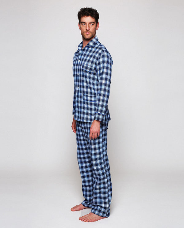 Navy blue flannel plaid long pajamas by MIRTO