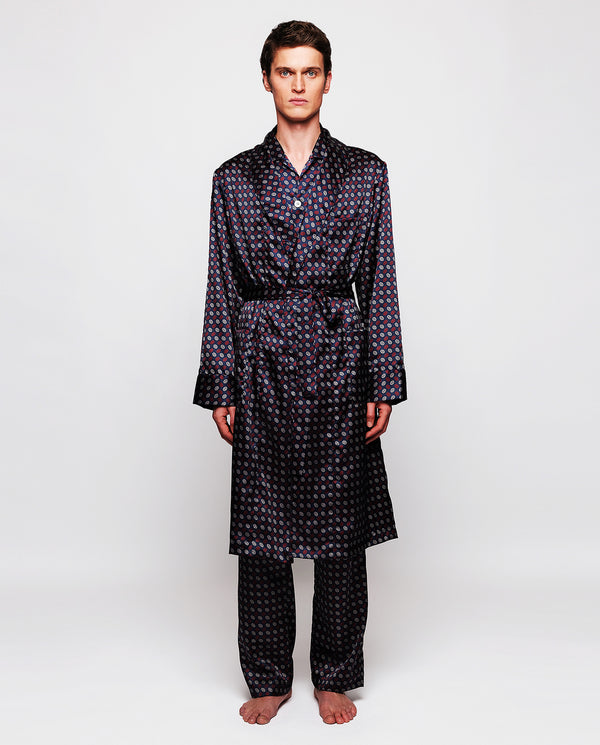 Navy blue print dressing gown by MIRTO