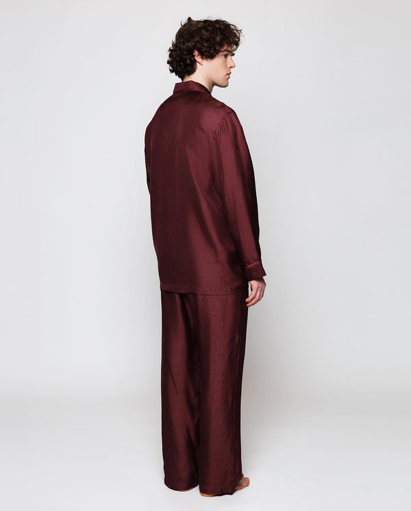 Maroon natural silk print long pajamas by MIRTO