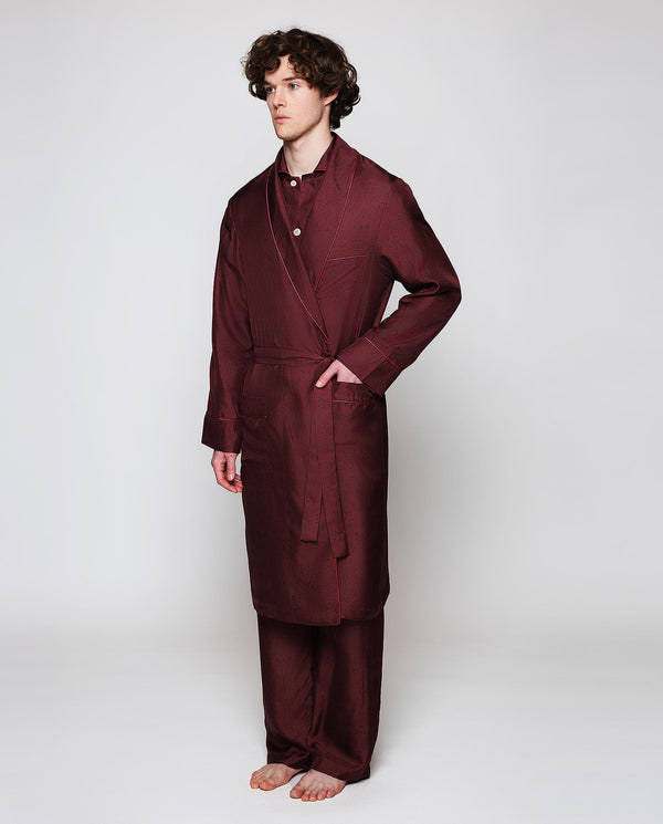 Maroon natural silk print dressing gown by MIRTO