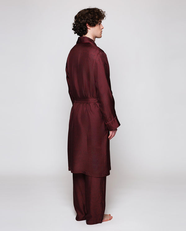 Maroon natural silk print dressing gown by MIRTO