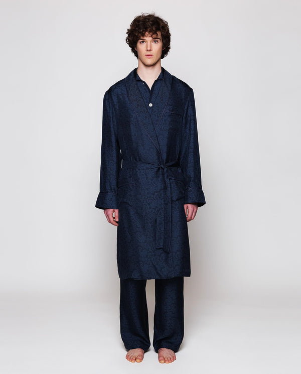 Navy blue natural silk print dressing gown by MIRT