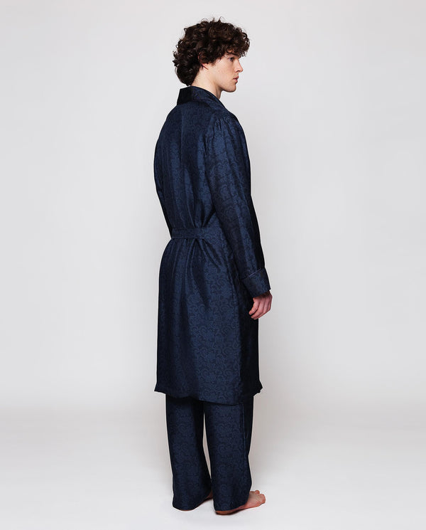 Navy blue natural silk print dressing gown by MIRT