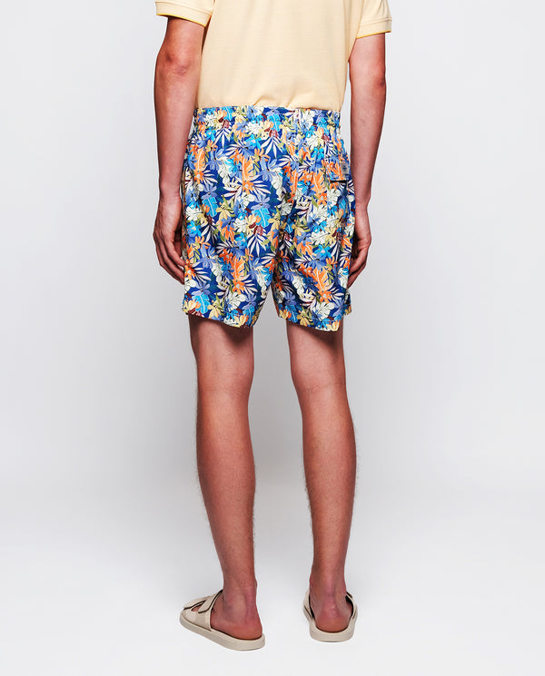 Blue & orange leaf print swim shorts by MIRTO